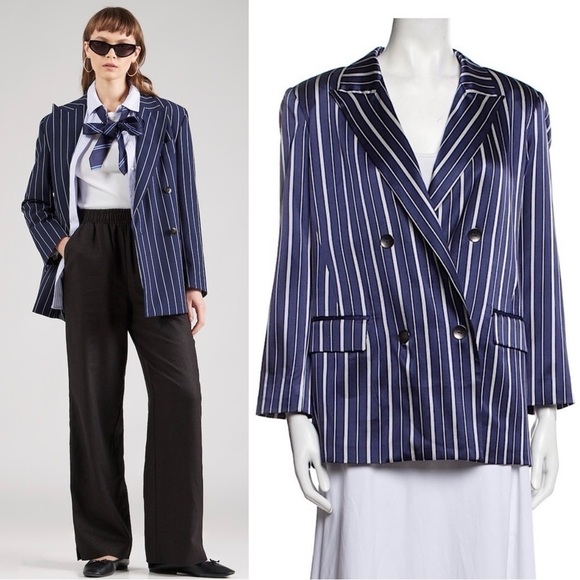 NWT L'AGENCE Silk Satin Navy Stripe Double Breasted Relaxed Fit Blazer Jacket M - Picture 1 of 7